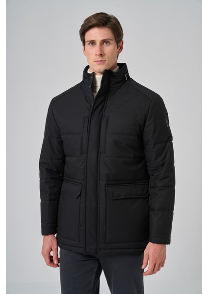 Erkek Siyah Polyester Çıtçıtlı Kapüşonlu Mont