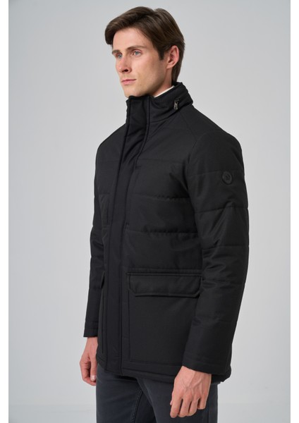 Erkek Siyah Polyester Çıtçıtlı Kapüşonlu Mont modelleri