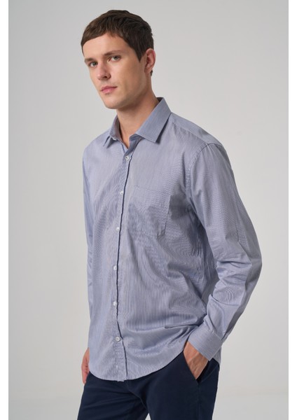 Erkek Lacivert Pamuk Trend Çizgili Regular Fit Sert Yaka Gömlek modelleri