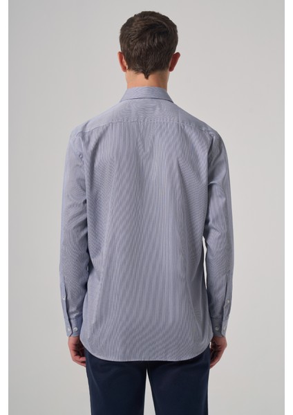 Erkek Lacivert Pamuk Trend Çizgili Regular Fit Sert Yaka Gömlek indirimleri