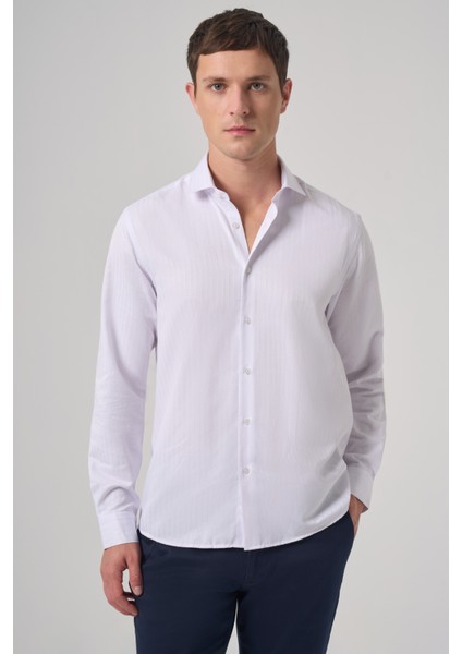 Erkek Beyaz Trend Slim Fit Italyan Yaka Gömlek