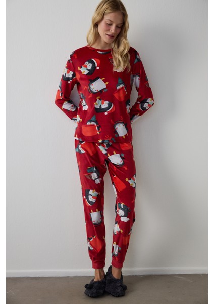 Kırmızı Penguen Desenli Bisiklet Yaka Pijama Takımı