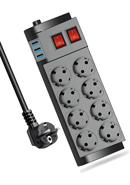 Termal Akım Korumalı USB 2.1A Şarj Çıkışlı 16A 4000W 8 Li Uzatma Grup Priz