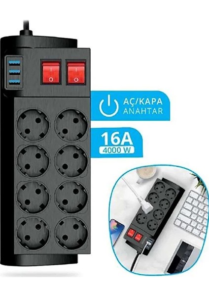 Termal Akım Korumalı USB 2.1A Şarj Çıkışlı 16A 4000W 8 Li Uzatma Grup Priz fırsatları