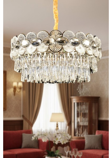 Zambak Krom 60 cm Kristal Taşlı Modern Avize – Salon ve Oturma Odası