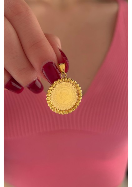 22 Ayar Yatırımlık Yeni Çeyrek Altınlı Çevresi 14 Ayar Altın Dorika Top Detaylı Tasarım Kolye Ucu