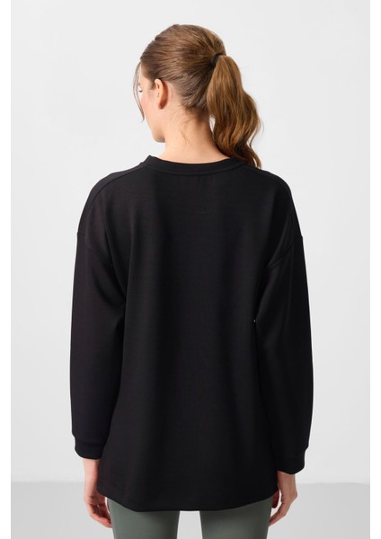 Siyah Yumuşak Dokulu O Yaka Rahat Form Kadın Tunik Sweatshirt - 97305