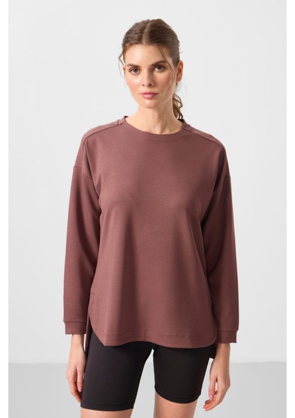 Kahverengi Yumuşak Dokulu O Yaka Rahat Form Kadın Tunik Sweatshirt - 97305