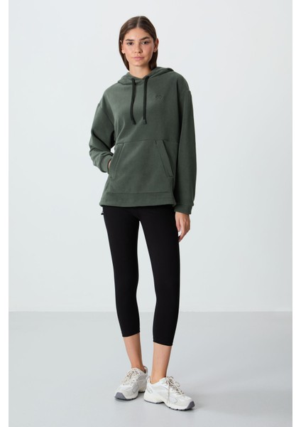 Haki Kalın Yumuşak Dokulu Kapüşonlu Oversize Nakışlı Polar Kadın Sweatshirt - 97292