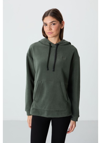 Haki Kalın Yumuşak Dokulu Kapüşonlu Oversize Nakışlı Polar Kadın Sweatshirt - 97292