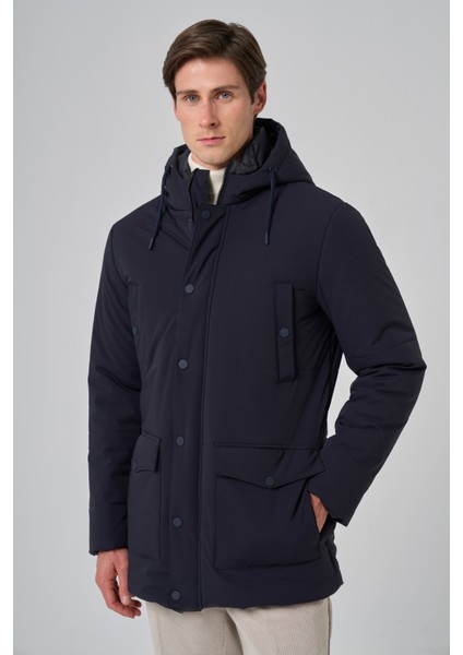 Erkek Lacivert Poliamit Çıtçıtlı Kapüşonlu Mont
