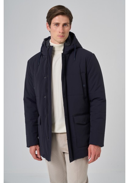 Erkek Lacivert Poliamit Çıtçıtlı Kapüşonlu Mont fiyatları