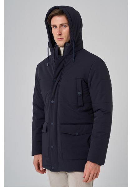 Erkek Lacivert Poliamit Çıtçıtlı Kapüşonlu Mont modelleri