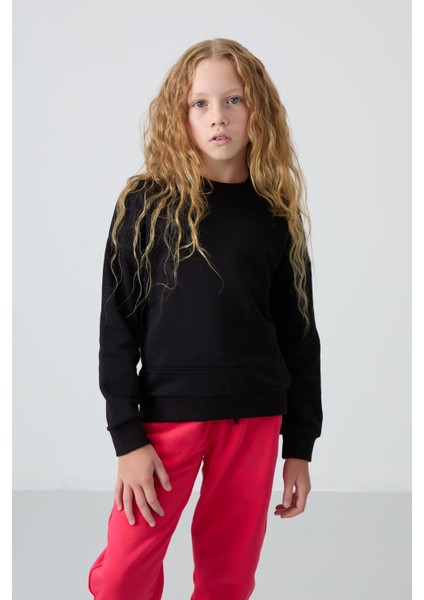 Siyah Pamuklu İçi Tüylü Yumuşak Dokulu Oversize Nakışlı Kız Çocuk Sweatshirt - 75150