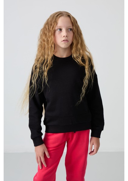 Siyah Pamuklu İçi Tüylü Yumuşak Dokulu Oversize Nakışlı Kız Çocuk Sweatshirt - 75150