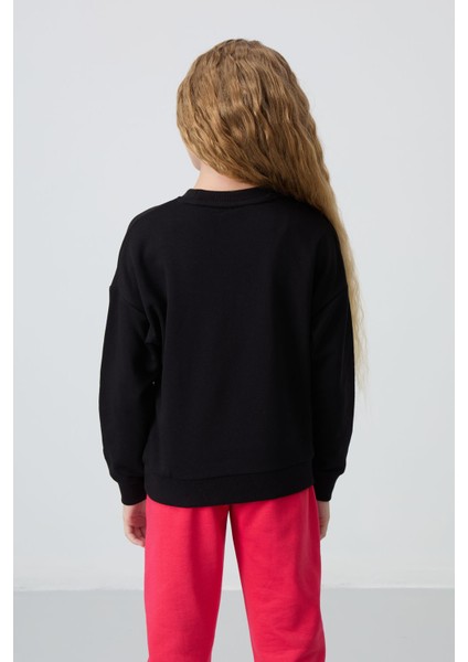 Siyah Pamuklu İçi Tüylü Yumuşak Dokulu Oversize Nakışlı Kız Çocuk Sweatshirt - 75150