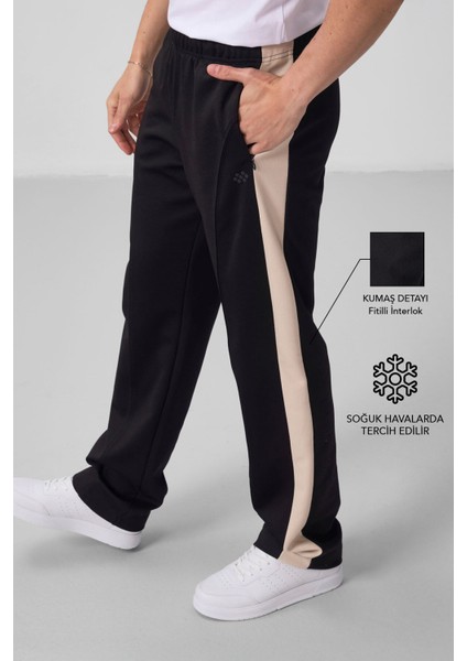 Siyah-Bej Yüzeyi Dokulu Standart Fit Palazzo Erkek Pantolon - 82171