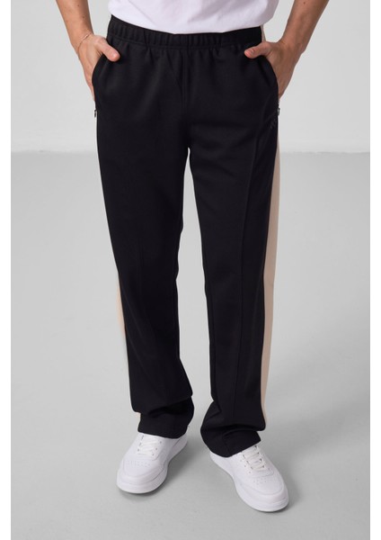 Siyah-Bej Yüzeyi Dokulu Standart Fit Palazzo Erkek Pantolon - 82171