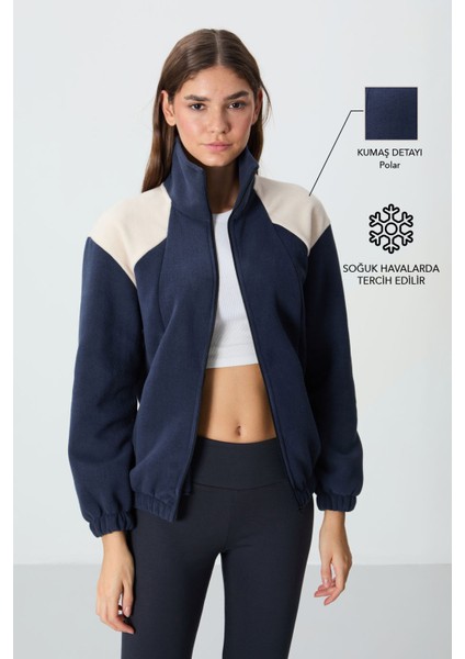 Lacivert Kalın Yumuşak Dokulu Dik Yaka Oversize Nakışlı Polar Kadın Sweatshirt - 97293