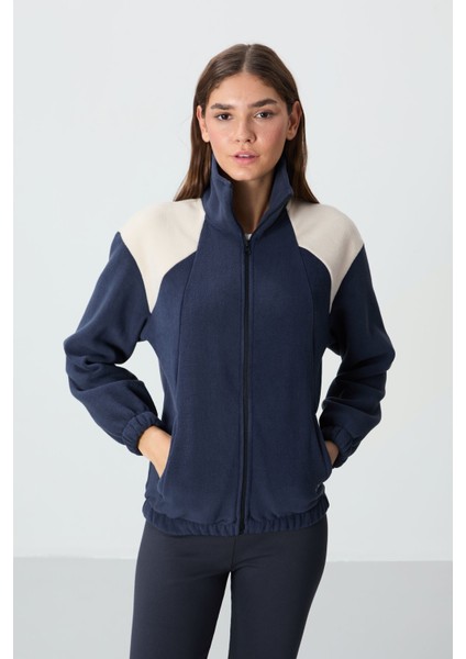 Lacivert Kalın Yumuşak Dokulu Dik Yaka Oversize Nakışlı Polar Kadın Sweatshirt - 97293