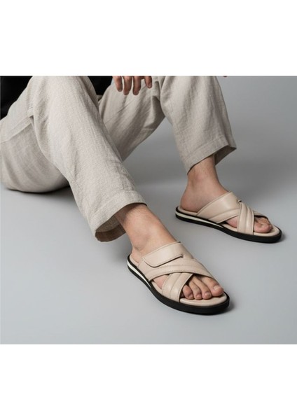 H2507 Ravello Hafif Tasarım Konfor Hakiki Deri Cırtlı Bej Erkek Terlik