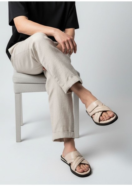 H2507 Ravello Hafif Tasarım Konfor Hakiki Deri Cırtlı Bej Erkek Terlik