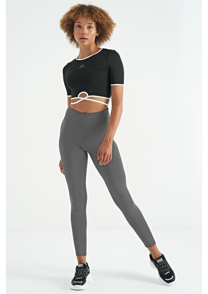 Koyu Gri Logo Baskı Detaylı Yüksek Bel Dalgıç Kumaş Slim Fit Kadın Tayt - 94627