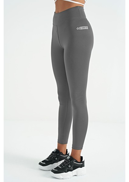 Koyu Gri Logo Baskı Detaylı Yüksek Bel Dalgıç Kumaş Slim Fit Kadın Tayt - 94627
