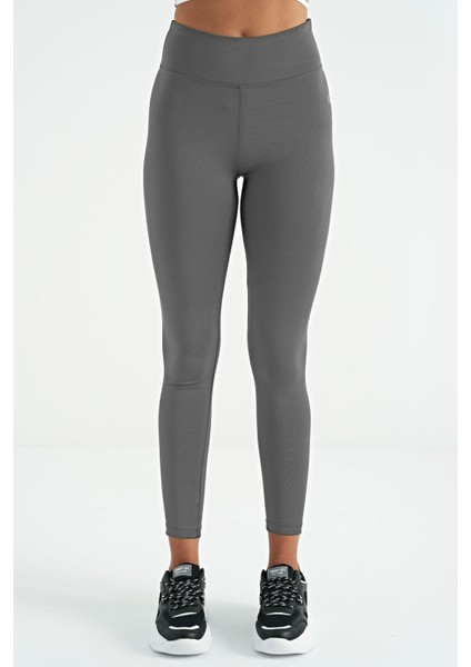 Koyu Gri Logo Baskı Detaylı Yüksek Bel Dalgıç Kumaş Slim Fit Kadın Tayt - 94627