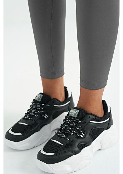 Koyu Gri Logo Baskı Detaylı Yüksek Bel Dalgıç Kumaş Slim Fit Kadın Tayt - 94627