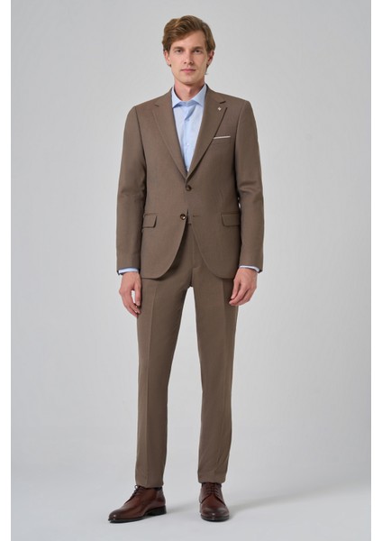 Erkek Kahve Yünlü Slim Fit Mono Yaka Takım Elbise