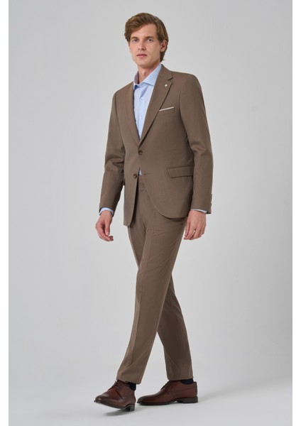 Erkek Kahve Yünlü Slim Fit Mono Yaka Takım Elbise fiyatları