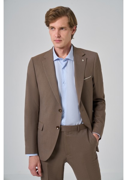 Erkek Kahve Yünlü Slim Fit Mono Yaka Takım Elbise fırsatları