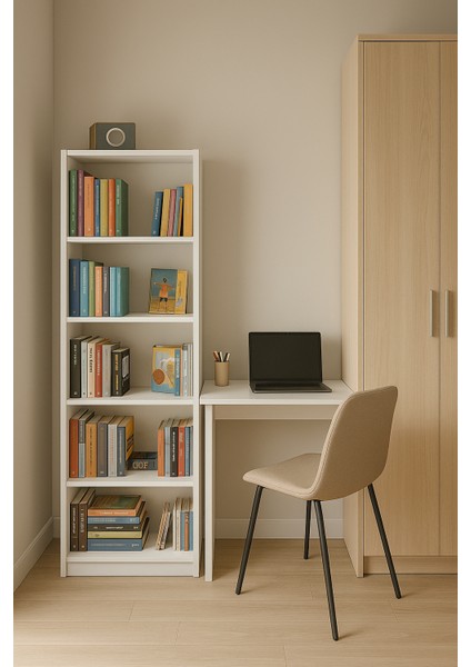 5 Raflı Beyaz Kitaplık Suntalam Malzeme ile 170 cm Yükseklik ve 56 cm Genişlik