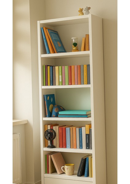 5 Raflı Beyaz Kitaplık Suntalam Malzeme ile 170 cm Yükseklik ve 56 cm Genişlik modelleri