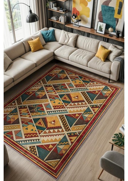 Rustik Halı, Çok Renkli Halı, Geometrik Halı, Üçgen Desenli Oturma Odası Halısı, Yıkanabilir Halı