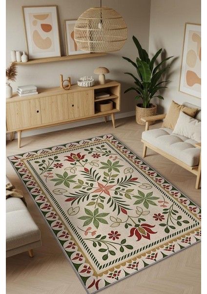 Çiçek Desenli Halı, Iskandinva Bohem Oda Dekoru Için Zeytin Yeşil Kırmızı ve Bej Yıkanabilir Halı, Minimal Ev Dekoru