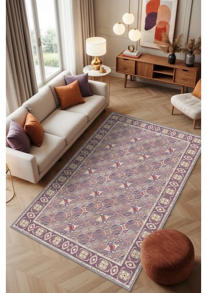 Yıkanabilir Dokuma Pamuk Tabanlı Kaymaz Tabanlı Salon Halısı, Mor Renkli Oturma Odası Halısı