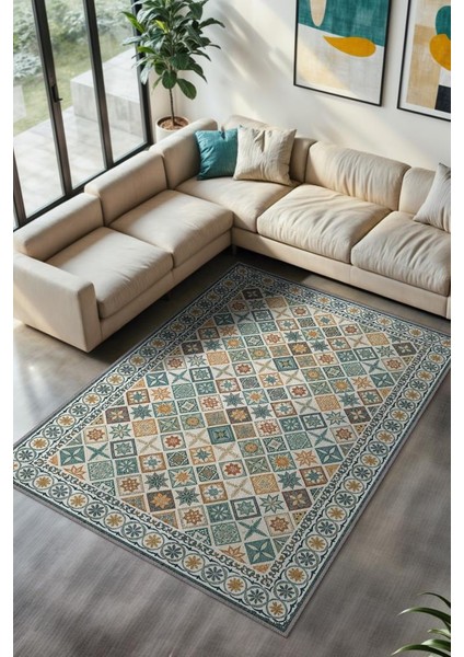 Eklektik Oda Dekoru Için Renkli Kozaik Desenli Yıkanabilir Halı, Geometrik Retro Halı, Mozaik Halı