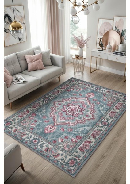 Göbekli Iran Halısı Tarzı Yıkanabilir Pastel Renkli Salon Halısı, Mavi Pembe Oturma Odası Halısı