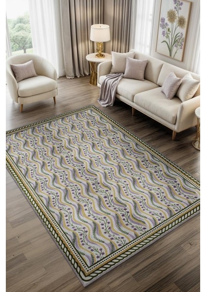 Leylak Yeşil ve Sarı Renkli Oturma Odası Halısı, Doğal Ev Dekoru, Yıkanabilir Dokuma Pamuk Tabanlı Halı