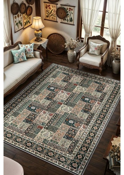 Geleneksel Türk ve Iran Halısı Desenli Patchwork Halı, Çiçek Detay Işlemeli Antik Tarz Yıkanabilir Halı
