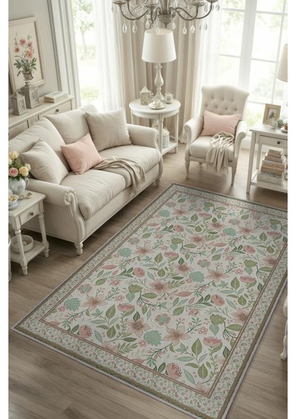 Yeşil Pembe Çiçek Desenli Salon Halısı, Bahar Temalı Dokuma Pamuk Tabanlı Kaymaz Tabanlı Halı