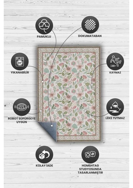 Yeşil Pembe Çiçek Desenli Salon Halısı, Bahar Temalı Dokuma Pamuk Tabanlı Kaymaz Tabanlı Halı modelleri