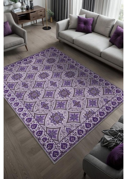Mor Renkli Geomterik Madalyon Desenli Çiçekli Oturma Odası Halısı, Kaymaz Tabanlı Mutfak Halısı