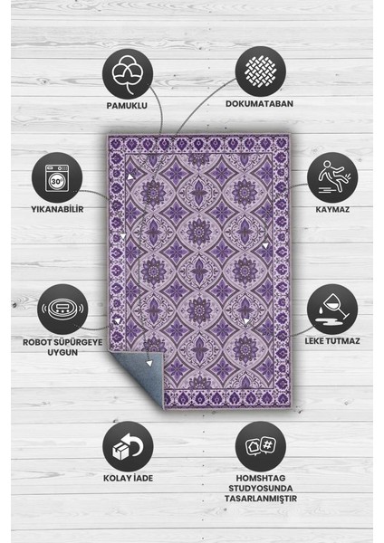 Mor Renkli Geomterik Madalyon Desenli Çiçekli Oturma Odası Halısı, Kaymaz Tabanlı Mutfak Halısı modelleri