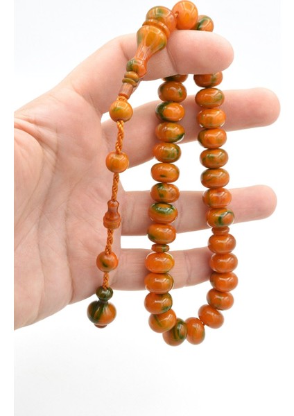 Ahmet Emin Yapımı Tekerlek Kesim Turuncu Yeşil Sıkma Kehribar Tesbih indirimleri