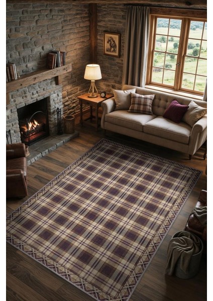 Yıkanabilir Dokuma Pamuk Tabanlı Kaymaz Tabanlı Salon Halısı, Rustik Damalı Halı, Ekose Halı