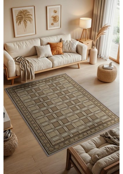 Damalı Ceviz Rengi Oturma Odası Halısı, Kareli Kahverengi Salon Halısı, Minimalist Yatak Odası Halısı