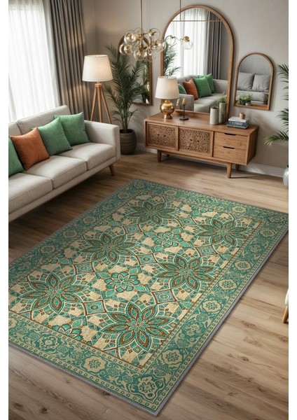 Turkuaz ve Kahverengi Halı, Etnik Halı, Geometrik Desenli Eskitme Halı, Modern Oda Dekoru